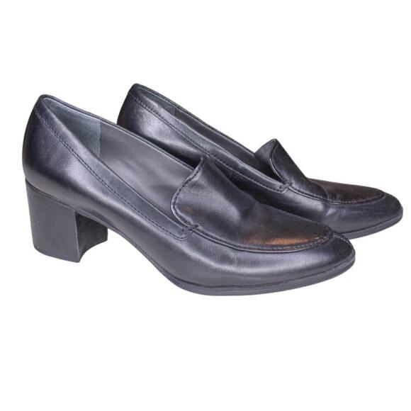 Franco Sarto Chunky Block Heel Loafers Black Leather 90s Y2K Classic - Picture 1 of 5